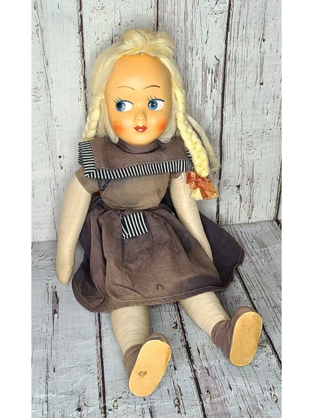 16" Vintage 1950s Polish Celluloid Face Blonde Dutch Girl Cloth Doll Pin Joints